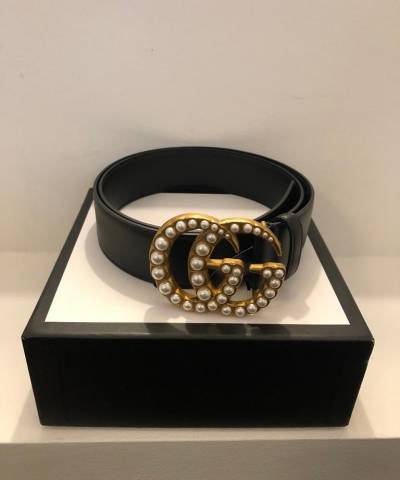 Ремінь Gucci Leather Belt with Pearl Double G Buckle